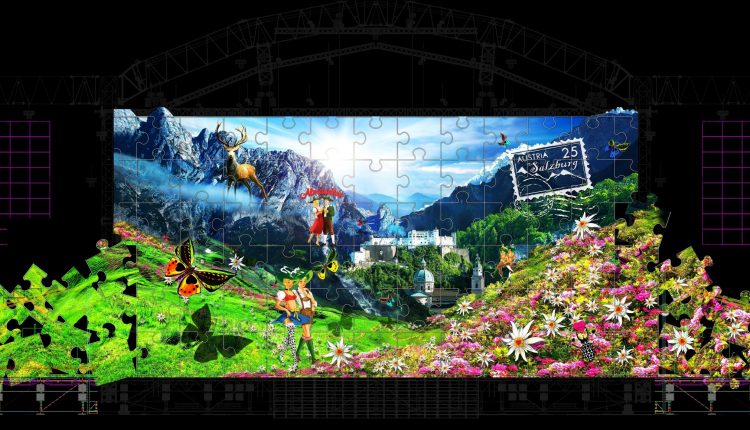 Ein lebhaftes Wandbild der Alpenlandschaft, inspiriert von Life Ball, mit Bergen, Blumen, Tieren und Traditionen.