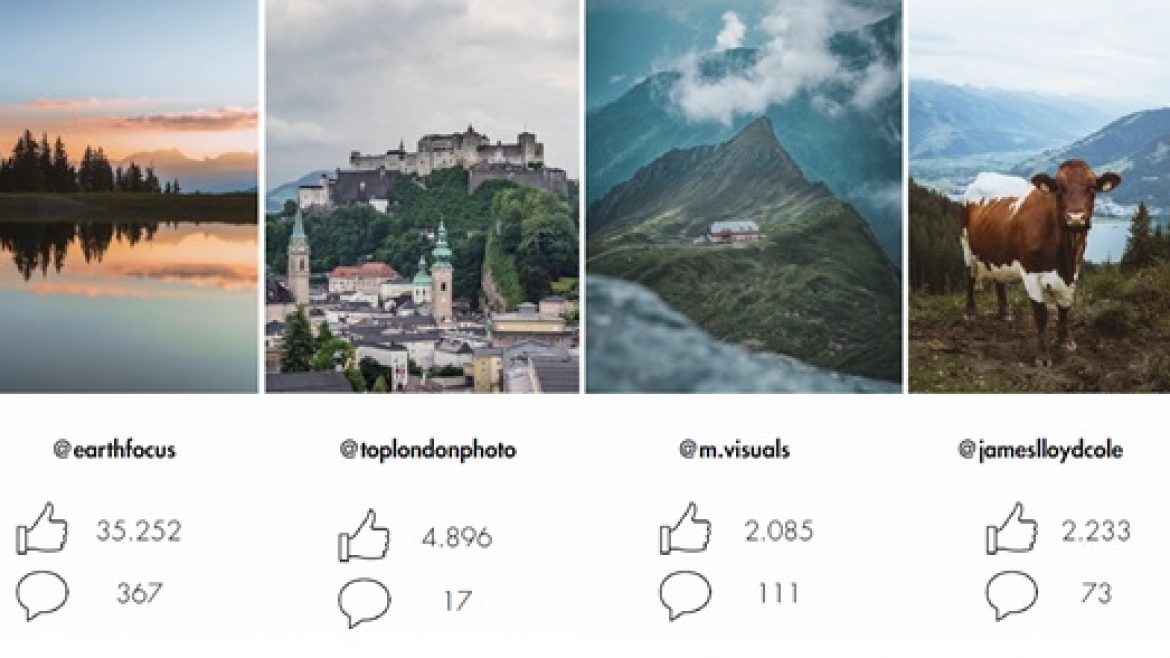 Vier Instagram-Fotos: ein See bei Sonnenuntergang, ein Schloss, eine Berghütte und eine Kuh auf einem Feld, jeweils mit Likes und Kommentaren.