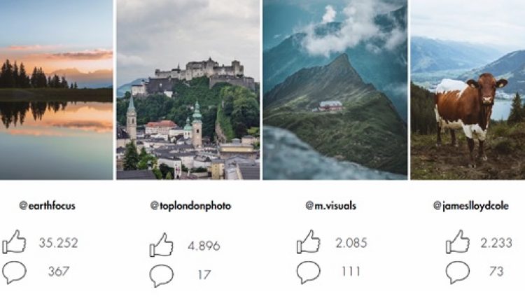 Vier Instagram-Fotos: ein See bei Sonnenuntergang, ein Schloss, eine Berghütte und eine Kuh auf einem Feld, jeweils mit Likes und Kommentaren.