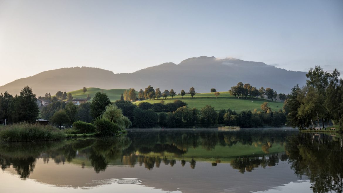 Ein ruhiger See, in dem sich grüne Hügel, Bäume und ferne Berge unter einem klaren Himmel bei Sonnenaufgang spiegeln.