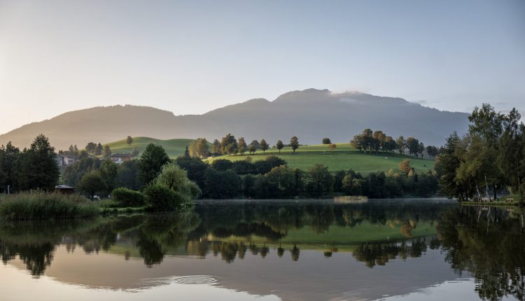 Ein ruhiger See, in dem sich grüne Hügel, Bäume und ferne Berge unter einem klaren Himmel bei Sonnenaufgang spiegeln.