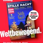 Titelbild der Zeitschrift Stille Nacht mit einer nächtlichen Kirche und festlichen Farben, die für eine neue Ausgabe werben.