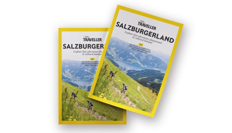 Zwei National Geographic Traveller Magazine mit dem Titel Salzburgerland mit einem Wanderer auf einem Bergpfad.