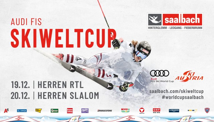Ein Skifahrer in Aktion wirbt für den Audi FIS Ski World Cup in Saalbach, Österreich, mit Veranstaltungsdaten und Sponsorenlogos.