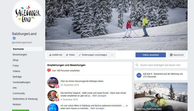 Zwei Personen fahren Ski auf einer verschneiten Piste mit Bäumen im Hintergrund; SalzburgerLand Facebook Seite angezeigt.
