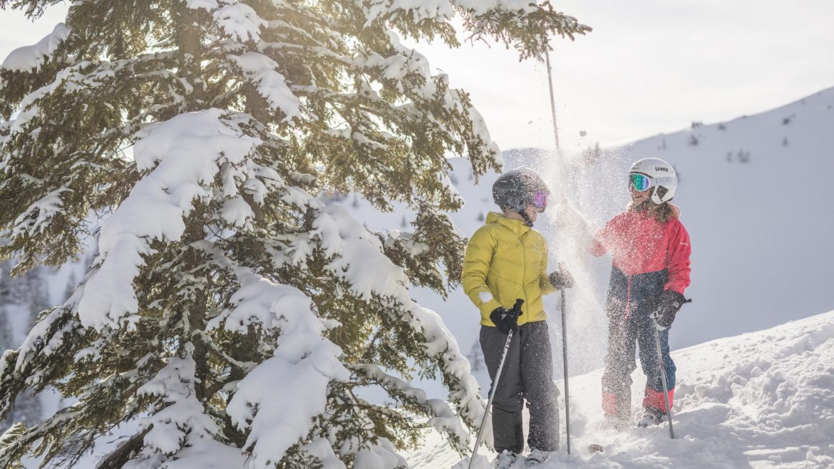 Zwei Skifahrer in bunten Jacken stehen unter einem verschneiten Baum an einem sonnigen, verschneiten Berghang.