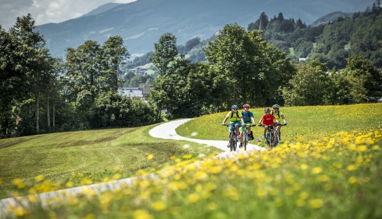 Eine Gruppe von Menschen fährt mit dem Fahrrad auf einem Weg in einem Blumenfeld.