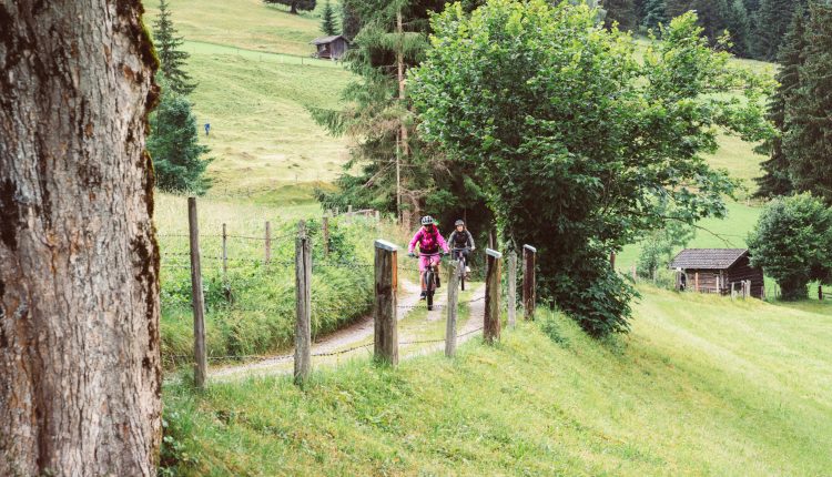 Zwei Personen fahren mit dem Fahrrad auf einem Weg durch eine grüne, hügelige Landschaft mit Bäumen und kleinen Holzhütten.