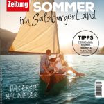 Ein Paar segelt auf einem See mit Bergen im Hintergrund; der Text wirbt für Sommererlebnisse in Salzburg, Österreich.