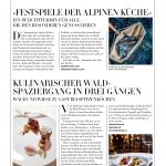 Magazinseite mit Artikeln und Fotos über die alpine Küche und Gourmetgerichte, mit einem Menü zum Thema Wald.