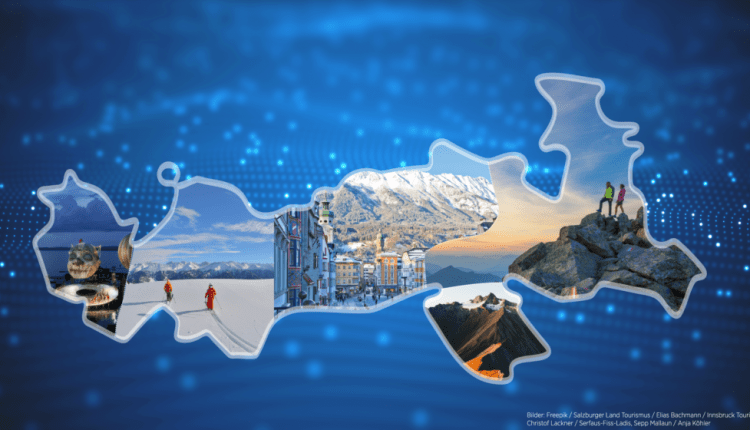 Umriss der Schweiz, gefüllt mit landschaftlichen Bildern: Städte, Berge, Schnee und Wanderer, auf einem blauen digitalen Hintergrund.
