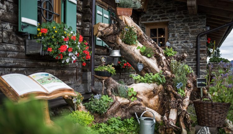 Ein rustikales Holzhaus mit Blumenkästen und einem Garten, der aus einem großen Baumstamm und beschrifteten Kräutern besteht.