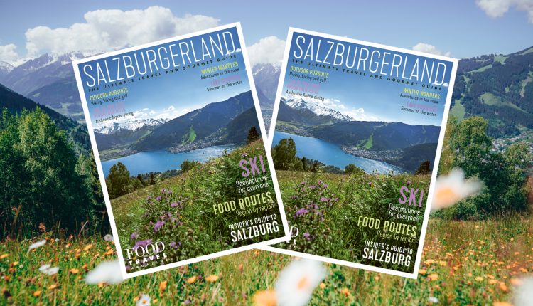 Zwei Zeitschriften mit einer malerischen Berg- und Seeansicht auf dem Titelblatt, vor dem Hintergrund derselben realen Landschaft.