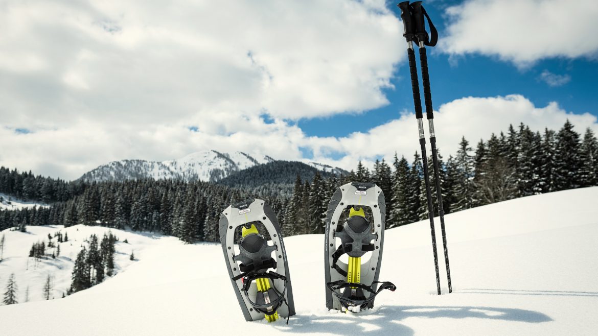 Ein Paar Schneeschuhe und Trekkingstöcke stehen aufrecht im Neuschnee mit Bergen und Bäumen im Hintergrund.