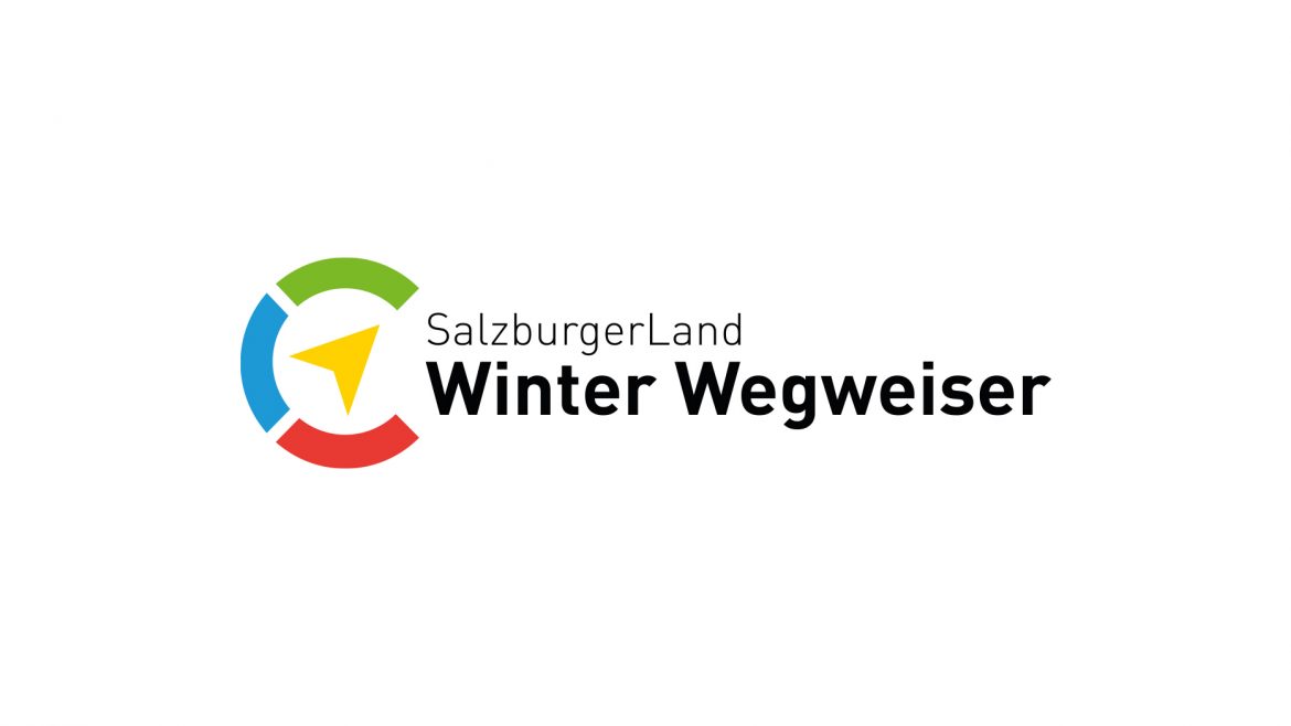 Logo mit grünem, blauem und rotem Rundpfeil und gelber Pfeilspitze, Text: SalzburgerLand Winter Wegweiser.