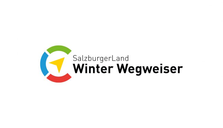 Logo mit grünem, blauem und rotem Rundpfeil und gelber Pfeilspitze, Text: SalzburgerLand Winter Wegweiser.