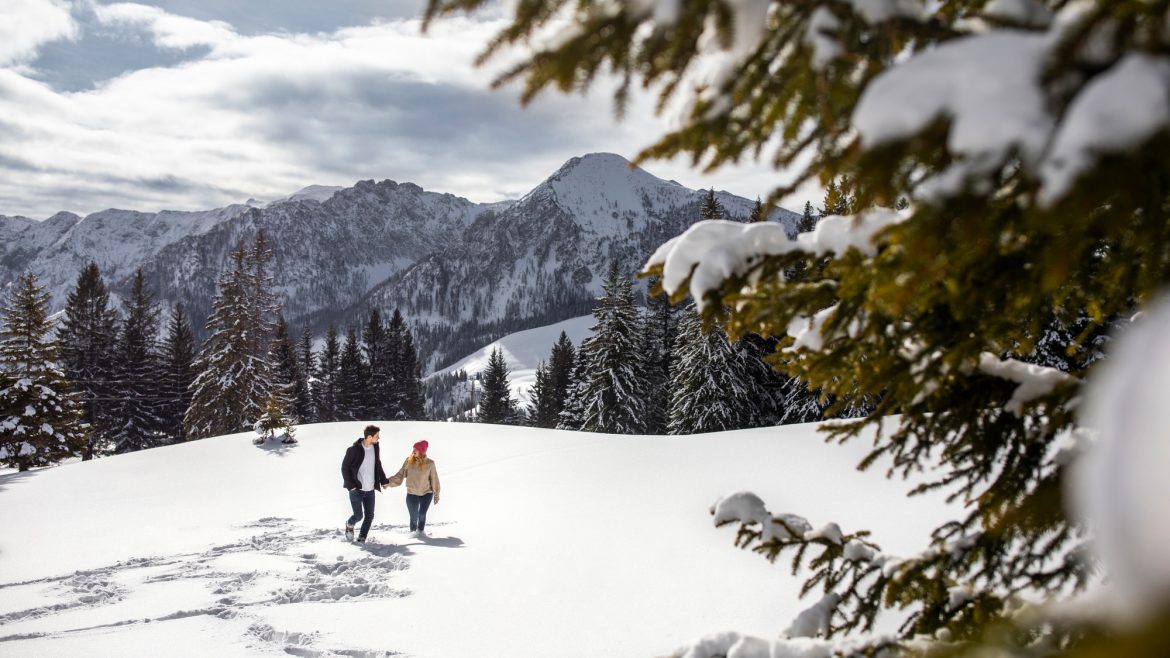 Ein Paar, das sich an den Händen hält und in den verschneiten Bergen spazieren geht, umgeben von Kiefern und schneebedeckter Landschaft.