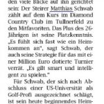 Ein Golfer schwingt einen Schläger auf einem Golfplatz; neben dem Bild sind Artikeltext und Überschrift über Matthias Schwab zu sehen.