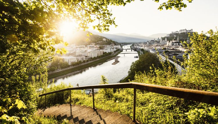 Sonnenbeschienener Blick auf eine Stadt an einem Fluss, gesehen von einer begrünten Treppe mit Holzgeländer am Hang.