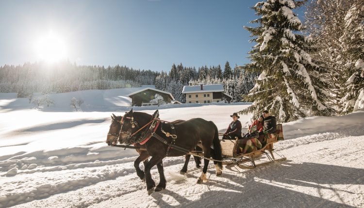 Zwei Personen fahren in einem Pferdeschlitten durch eine verschneite Landschaft mit Bäumen und Häusern bei strahlendem Sonnenschein.