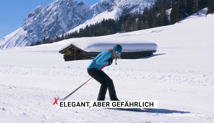 Eine Person beim Skilanglauf im Schnee mit Bergen und einer Holzhütte im Hintergrund. Text in Deutsch erscheint.