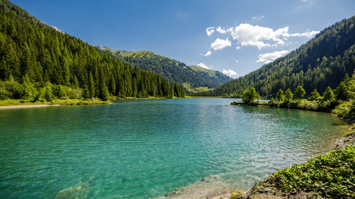 Ein klarer blauer See, umgeben von grünen Kiefernwäldern und Bergen unter einem strahlend blauen Himmel mit vereinzelten Wolken.