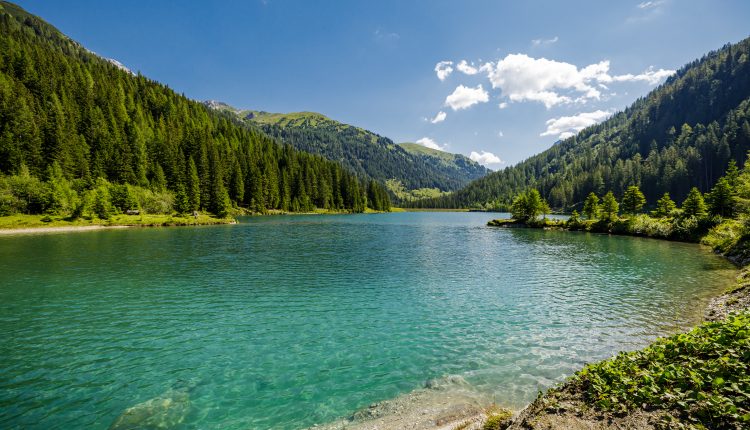 Ein klarer blauer See, umgeben von grünen Kiefernwäldern und Bergen unter einem strahlend blauen Himmel mit vereinzelten Wolken.