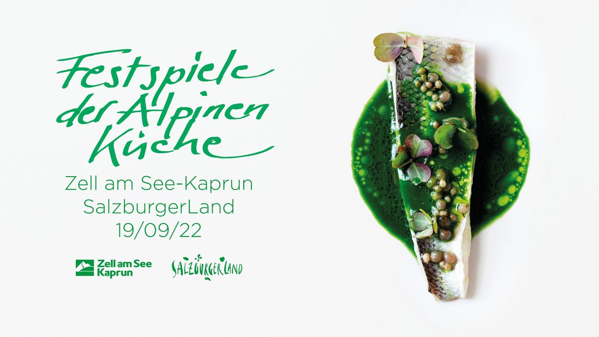 Ein Gourmet-Fischgericht mit grüner Soße neben einem deutschen Text über ein kulinarisches Festival in Zell am See-Kaprun, Österreich.