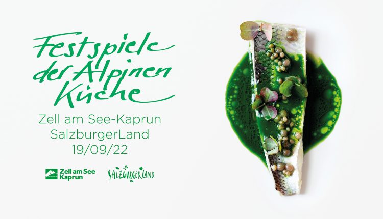 Ein Gourmet-Fischgericht mit grüner Soße neben einem deutschen Text über ein kulinarisches Festival in Zell am See-Kaprun, Österreich.