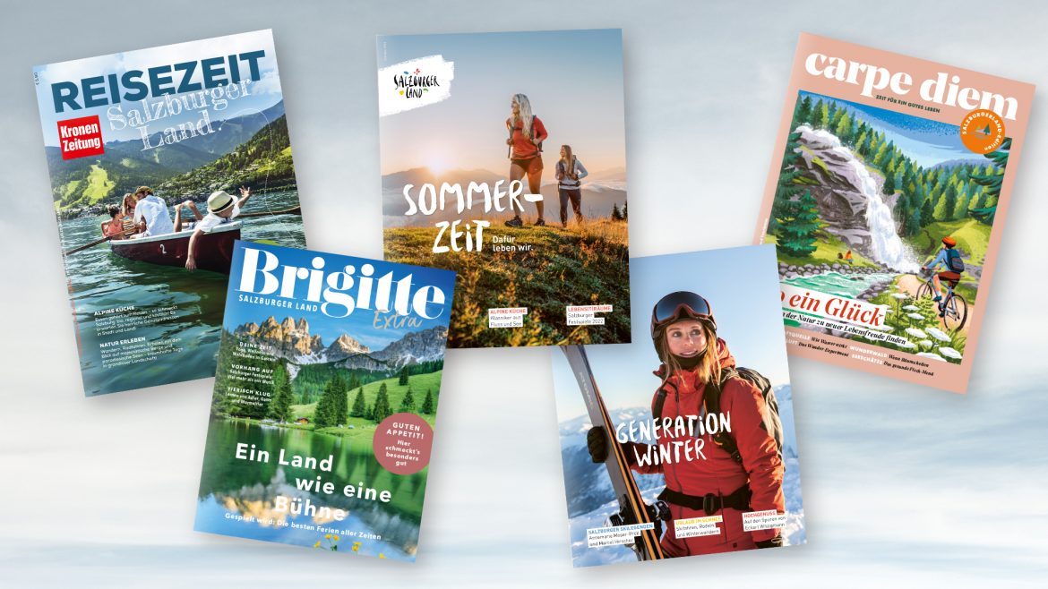 Fünf farbenfrohe Zeitschriftencover mit Aktivitäten im Freien und malerischen Landschaften auf einem sanften blauen Hintergrund.