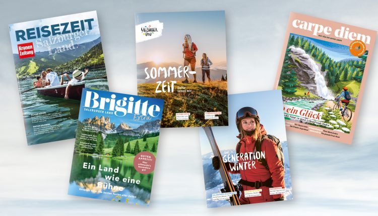 Fünf farbenfrohe Zeitschriftencover mit Aktivitäten im Freien und malerischen Landschaften auf einem sanften blauen Hintergrund.
