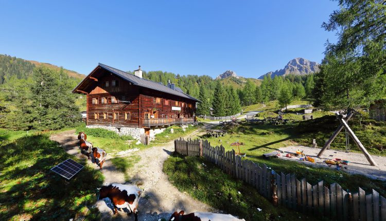 Eine hölzerne Almsommerhüttenwahl-Hütte mit grasenden Kühen, Spielplatz und bewaldeten Hügeln unter einem klaren blauen Himmel.