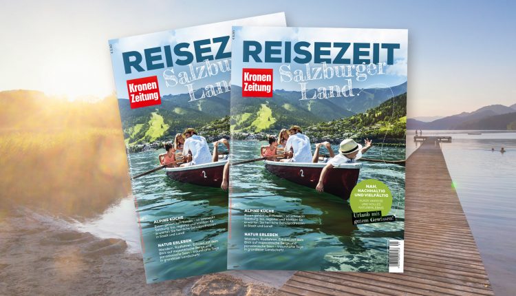 Zwei Magazine mit Menschen, die ein Boot auf einem See rudern, Berge im Hintergrund, überlagert von einem Steg am Wasser.