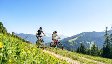 Zwei Personen radeln auf einem sonnigen Bergweg, umgeben von grünen Hügeln, Wildblumen und fernen Gipfeln.