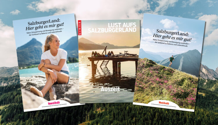 Drei Salzburger Reisebroschüren mit Bergkulisse, einer Frau, einem Bootssteg und einem Wanderer auf den Titelseiten.