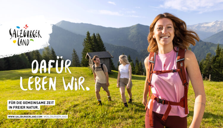 Drei Personen wandern auf einem sonnigen Bergpfad mit grünen Hügeln und blauem Himmel im Hintergrund.