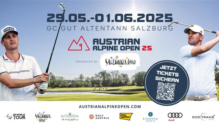 Zwei Golfer auf einem Turnierplakat für die Austrian Alpine Open 2025 in Salzburg, mit Veranstaltungshinweisen und Sponsoren.