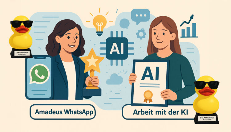 Zwei Frauen mit AI-Auszeichnungen, Gummienten mit Sonnenbrillen sowie WhatsApp- und AI-Symbole im Hintergrund.