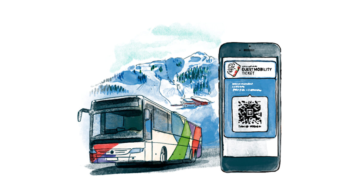 Ein illustrierter Bus in der Nähe von schneebedeckten Bergen neben einem Smartphone, das ein digitales Gästemobilitätsticket anzeigt.