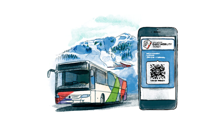 Ein illustrierter Bus in der Nähe von schneebedeckten Bergen neben einem Smartphone, das ein digitales Gästemobilitätsticket anzeigt.