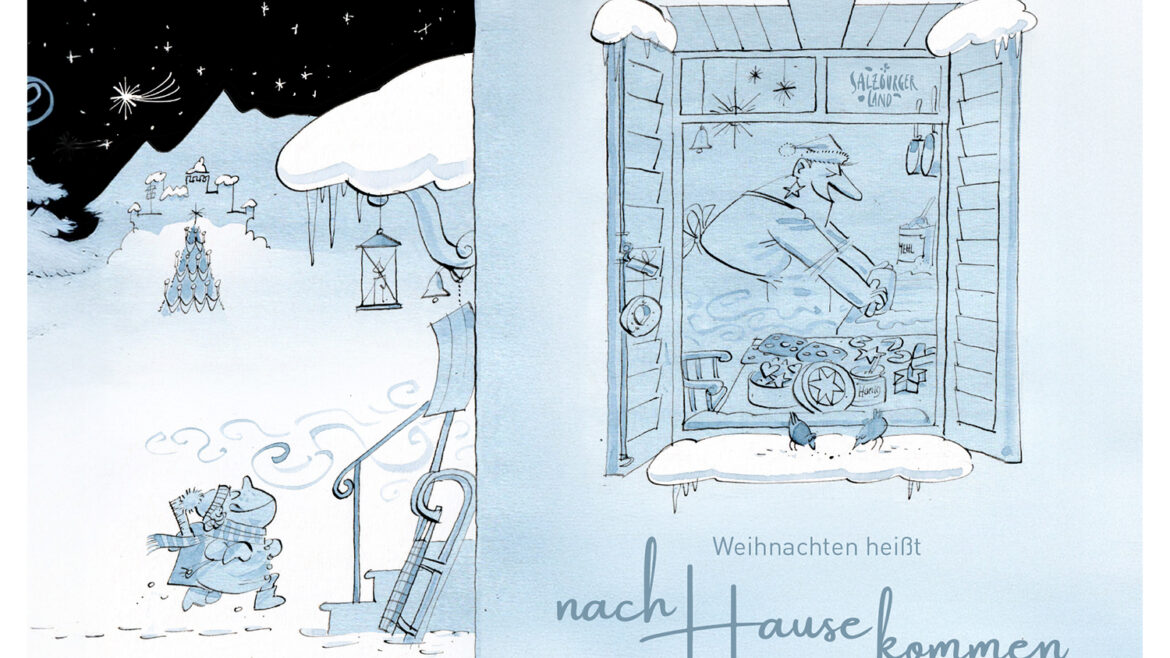 Cartoon von Menschen, die im Schnee auf ein Haus zugehen; Mann backt in einer gemütlichen Küche, Text: Weihnachten heißt nach Hause kommen.