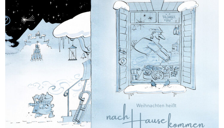 Cartoon von Menschen, die im Schnee auf ein Haus zugehen; Mann backt in einer gemütlichen Küche, Text: Weihnachten heißt nach Hause kommen.