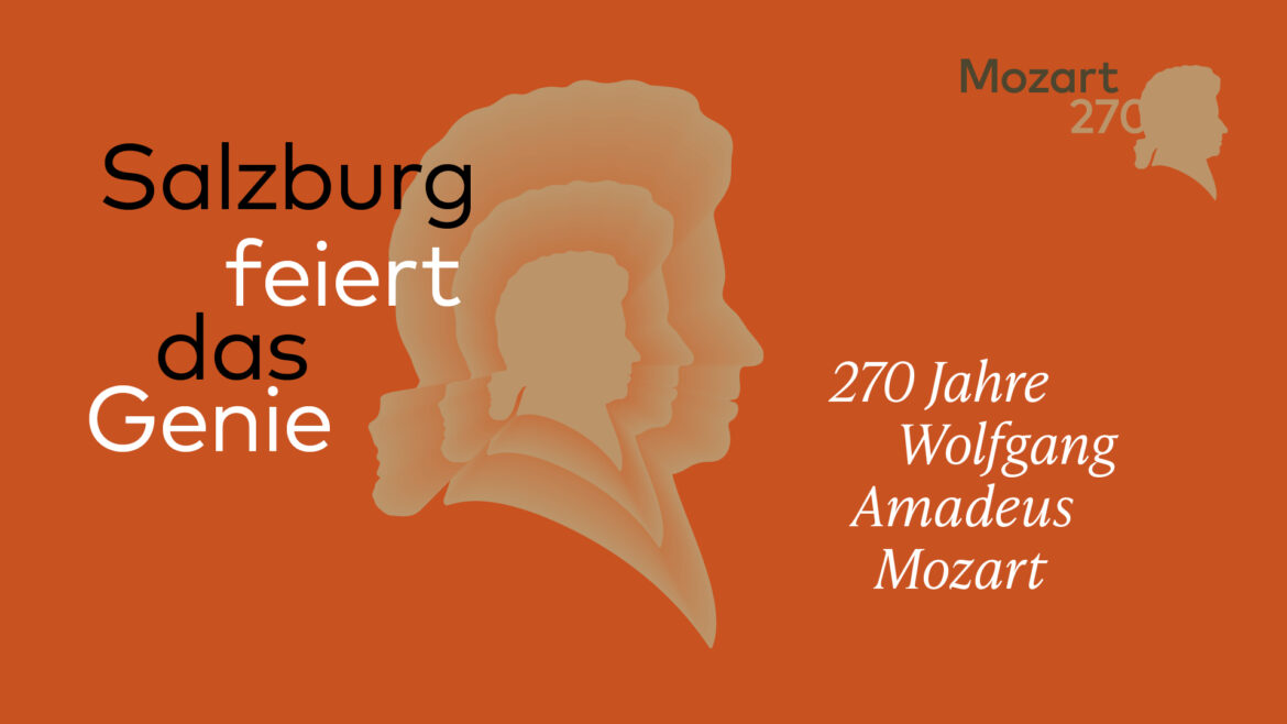 Orangefarbenes Plakat mit der Silhouette Mozarts, deutschem Text und 270 Jahre Wolfgang Amadeus Mozart auf der rechten Seite.