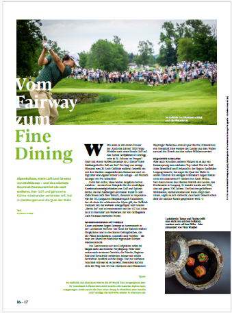 Golfer schwingt auf dem Grün, während die Zuschauer zuschauen; darunter sind Gerichte der gehobenen Küche abgebildet; deutscher Text über Golf und Küche.