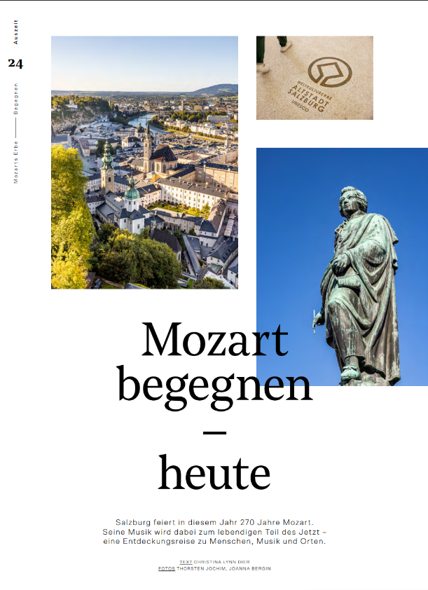 Eine Mozart-Statue, ein Stadtbild von Salzburg und eine Mozart-Geburtshaus-Tafel in einem Magazin-Layout.
