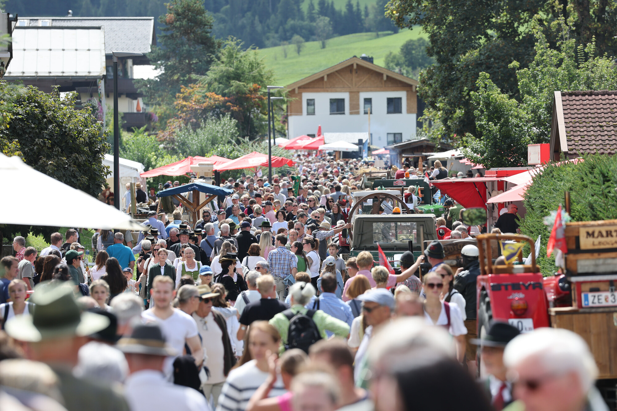 An einem sonnigen Tag drängt sich eine große Menschenmenge auf einem Straßenmarkt, im Hintergrund sind Bäume und Berge zu sehen.