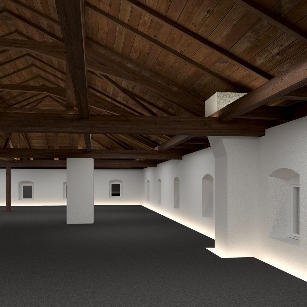 Renoviertes Loft mit sichtbaren Holzbalken, weißen Wänden und Bogenfenstern neben dem „Sound of Music“-Museum in Salzburg.