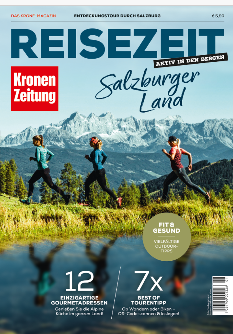 Vier Menschen laufen auf einem Bergpfad, im Hintergrund sind schneebedeckte Gipfel zu sehen – Titelbild des Magazins „REISEZEIT“.