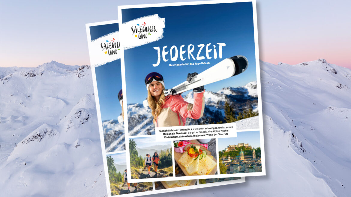 Ein Titelblatt der Zeitschrift „Jederzeit“ mit einer Frau auf Skiern, hinter ihr Bergpanoramen, Speisen und Sehenswürdigkeiten.
