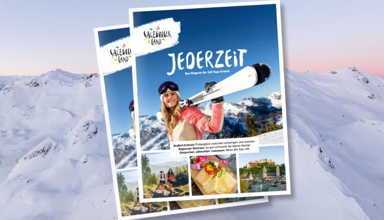 Ein Titelblatt der Zeitschrift „Jederzeit“ mit einer Frau auf Skiern, hinter ihr Bergpanoramen, Speisen und Sehenswürdigkeiten.